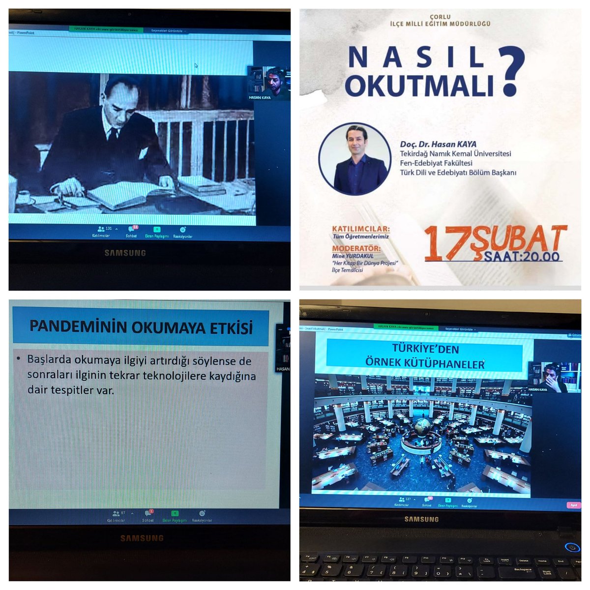 Çorlu İlçe Milli Eğitim Müdürlüğünce düzenlenen "Her Kitap Bir Dünya" projesi kapsamında Tekirdağ Namık Kemal Üniversitesi Fen Edebiyat Fakültesi Türk Dili ve Edebiyatı Bölüm Başkanı Doç. Dr. Hasan KAYA'nın "NASIL OKUTMALI?"seminerini keyifle dinledik. <a href="/corlubk/">BK Çorlu Kampüsü</a> <a href="/omerfarukozer/">ömer faruk özer</a>