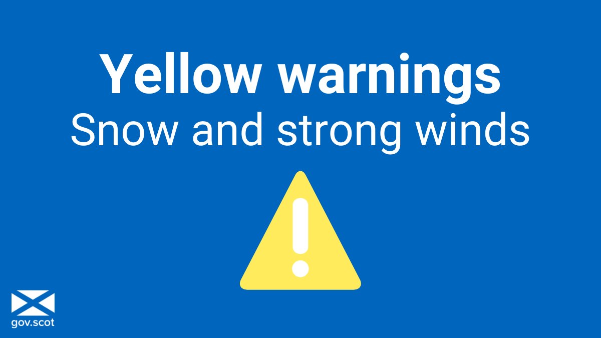 ⚠ Yellow warnings for heavy snow and strong winds will be in place across much of Scotland from 3am - 6pm tomorrow (Friday 18th).

Stay updated:

🚘 Traffic <a href="/trafficscotland/">Traffic Scotland</a> 
🌧 Weather <a href="/metoffice/">Met Office</a> 
🚍 Travel advice <a href="/PoliceScotland/">Police Scotland</a> 
📣 Prepare for severe weather <a href="/ReadyScotland/">Ready Scotland</a>