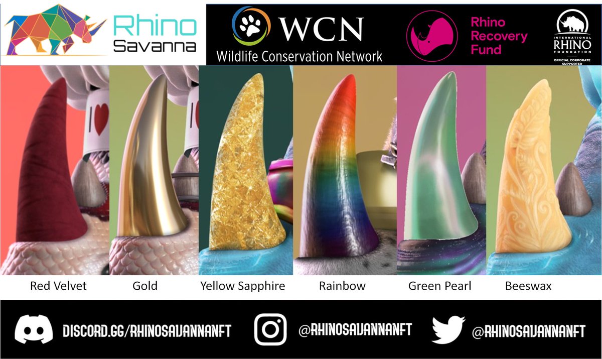 Hey Guys! Did you know on average a Rhino is killed for its horn every 22 hours!? Yeah, quite sad 😏… We went all out to make sure these Rhino horns were very special!    

discord.gg/RHINOSAVANNANFT  
#nft #nfts #nftlaunch #SOL  #nftcollection #RhinosIRF #rhinorecfund #wildnetorg