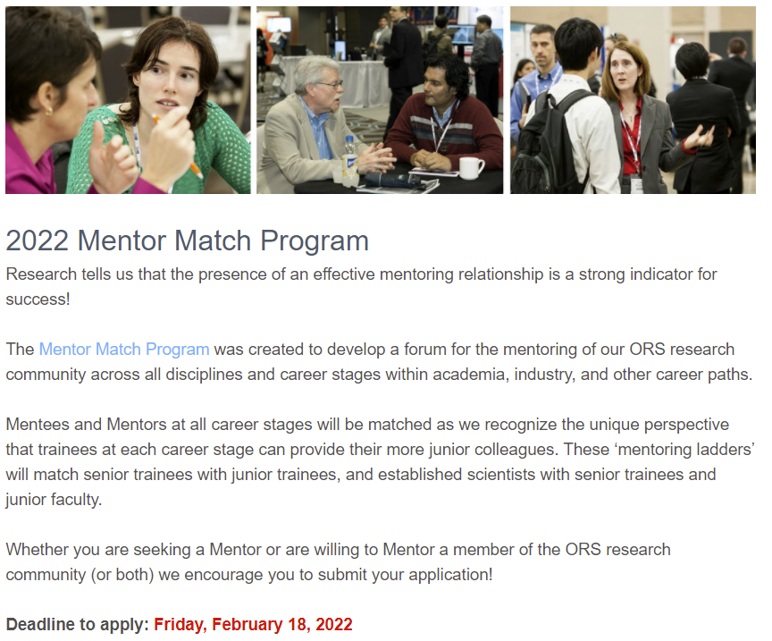 Carolyn Chlebek, PhD (@carolyn_chlebek) on Twitter photo Feeling withdrawal from #ORS2022? Wishing you were still able to build your network and make new connections? Keep the momentum going by joining the <a href="/ORSsociety/">Orthopaedic Research Society</a> mentoring program. Deadline to apply is Feb 18!
#ORSSMC #orthoresearch
ow.ly/HPfT50HVtBA Feeling withdrawal from #ORS2022? Wishing you were still able to build your network and make new connections? Keep the momentum going by joining the <a href="/ORSsociety/">Orthopaedic Research Society</a> mentoring program. Deadline to apply is Feb 18!
#ORSSMC #orthoresearch
ow.ly/HPfT50HVtBA