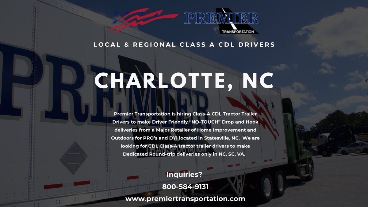 ptag323's tweet photo. Local &amp; Regional Class A CDL Drivers 
Charlotte, NC
Up to $85k / Year
Apply Today!
⬇️⬇️⬇️⬇️⬇️ 
.
.
. 
https://t.co/HYSMC0Xr0v...
.
Call: 800-584-9131
Text Us: 470-620-7779
.
#TruckDriver #Trucking #TruckingJobs #JobSeekers #CDL #ClassA #LocalJobs #HomeDaily #PremierTransportation https://t.co/qwbCMEmuYq