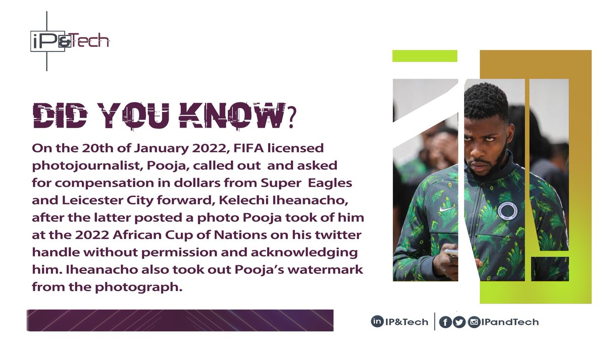 IPandTech's tweet photo. Did You Know of the Iheanacho Copyright Infringement Call Out?
Copyright in photography!
#photography #sports #Copyright #copyrightlaw #ipandtech #yourintellectualpropertymatters #yipm https://t.co/pRN4iRR6KQ