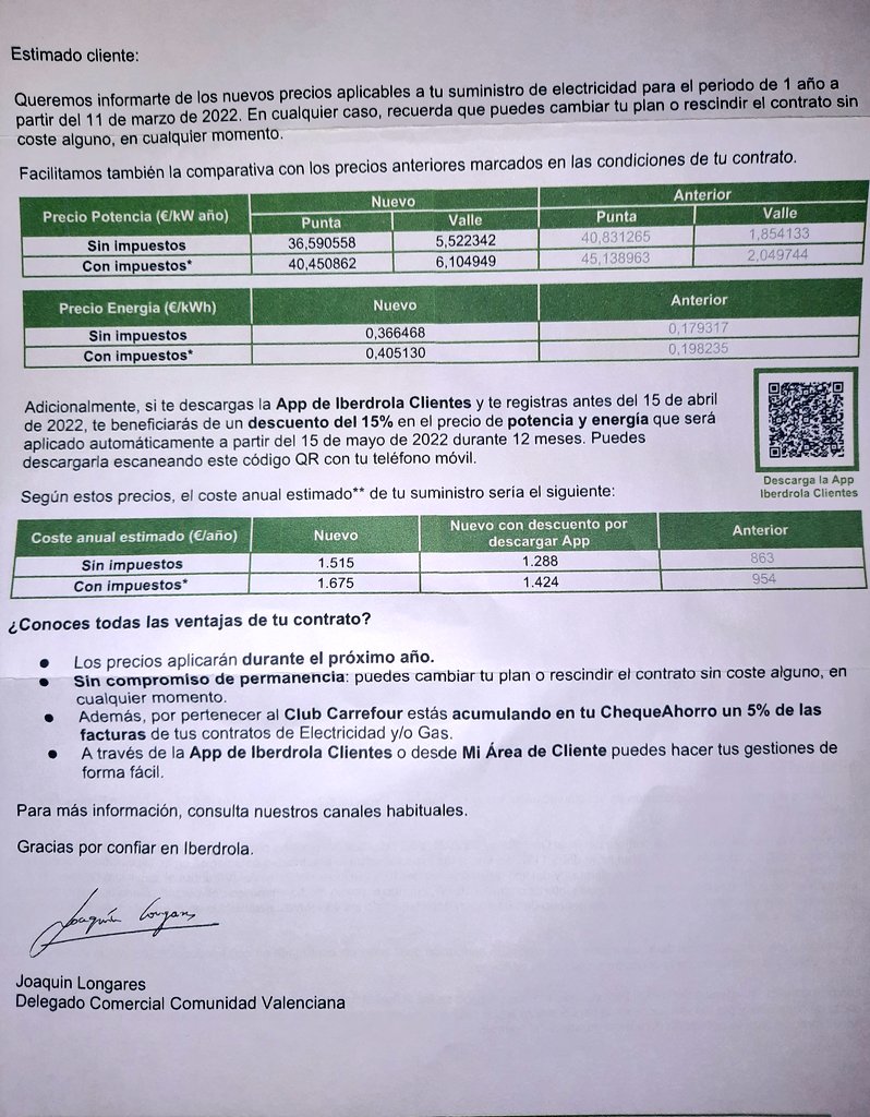 RRGuillem's tweet photo. Hola @TuIberdrola @iberdrola, me estais diciendo así,como si no, que me vais a subir un 75% la factura de la luz? De hoy para mañana? Pero que tengo muchas ventajas si soy del club carrefour o por bajarme vuestra app? Vaya atraco, no? @RubenSanchezTW @jorpow https://t.co/H4Ujtar7lu