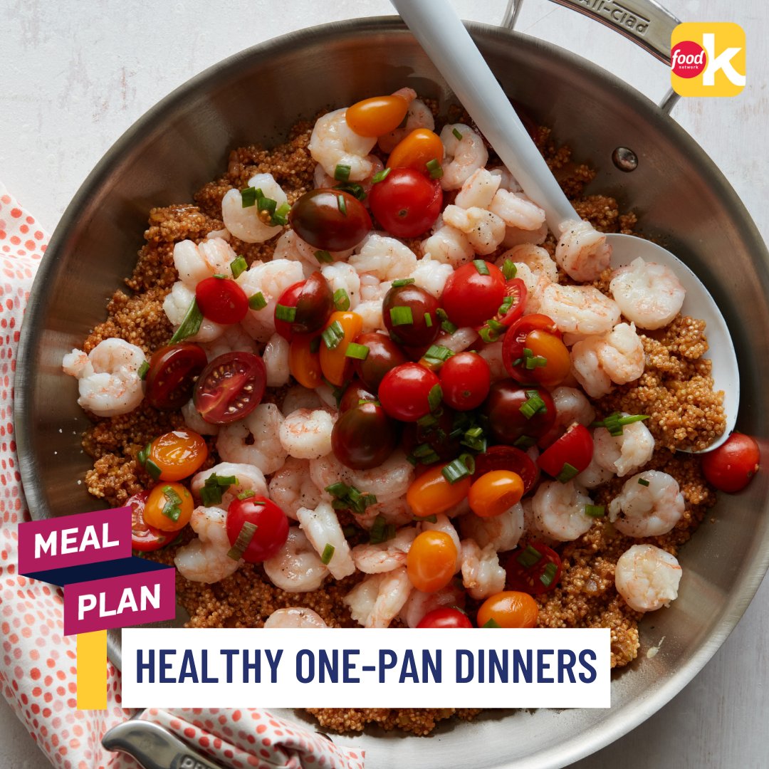 fnkitchen's tweet photo. You only need one skillet, sheet pan or pot to cook up these winning dinners! From a skillet shrimp and quinoa to soy-glazed salmon, our new meal plan has you covered — and only doing minimal dishes! Check it out on the #FoodNetworkKitchen app: https://t.co/Az7JN9e1Qq. https://t.co/ytxTdVD7nv