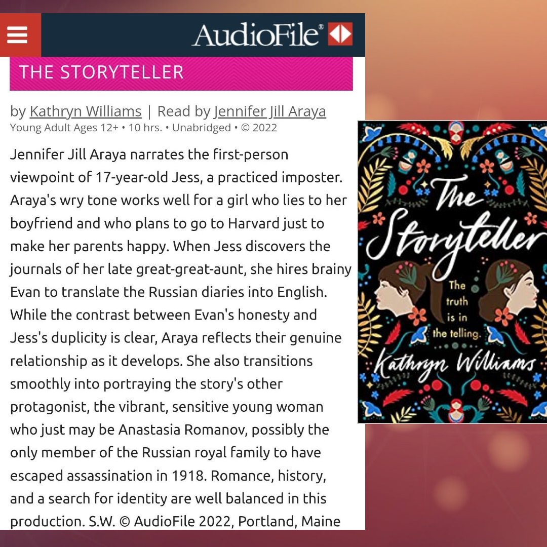 Thank you so much to @AudioFileMag for this thoughtful review of "The Storyteller" by Kathryn Williams from <a href="/HarperAudio/">HarperAudio</a>.   I'm so glad I had the opportunity to voice Jess's and Anna's stories. audiofilemagazine.com/reviews/read/2… 
harpercollins.com/products/the-s…