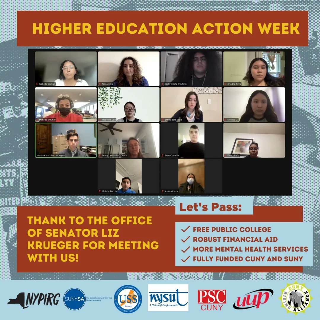HunterNYPIRG's tweet photo. Thank you to the Office of Senator Liz Krueger @LizKrueger and Legislative Director Joshua Korn for meeting with us today and for listening to all our student stories! Let's keep on fighting for a better SUNY/CUNY system for students! #AllinforCUNY #NYPIRG #HigherEdActionWeek https://t.co/jAUJMyZXAB