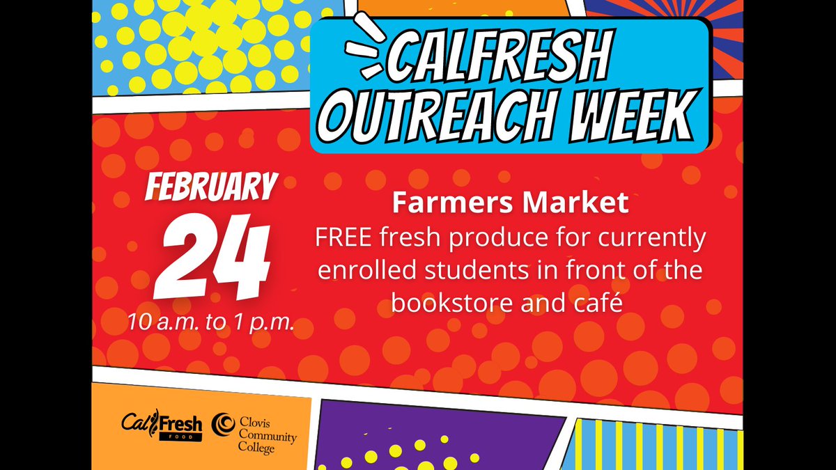 ccc_basicneeds's tweet image. Join us for our FREE Farmers Market from 10:00 a.m. to 1:00 p.m. in front of the Bookstore and Café. Free to all currently enrolled students. #calfreshweek
