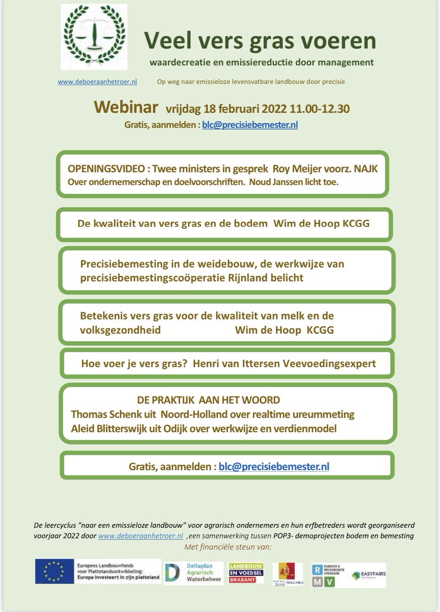Kun je met vers gras bijdragen aan emissiereductie, bodemverbetering, biodiversiteit?
Ja dat kan! Hoe? Neem deel aan webinar “slim en rendabel naar 0-emissie” <a href="/Agrivaknet/">Agrivaknet</a> @rijenbemesting <a href="/GerrianneJansen/">Agri Food Academy</a> <a href="/EasyfairsNL/">Easyfairs Nederland</a> Opening met aandacht v actualiteit. #afrekenbareStoffenbalans