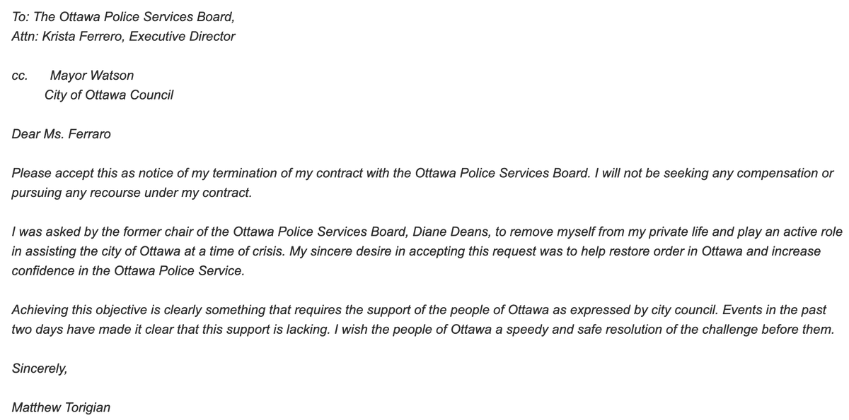 NEW: The interim chief hired under the police board under Deans just two days ago -- Matt Torigian -- tells Ottawa council and police board he won't come to Ottawa after all because of the events of the past two days. #ottnews #ottcity #onpoli