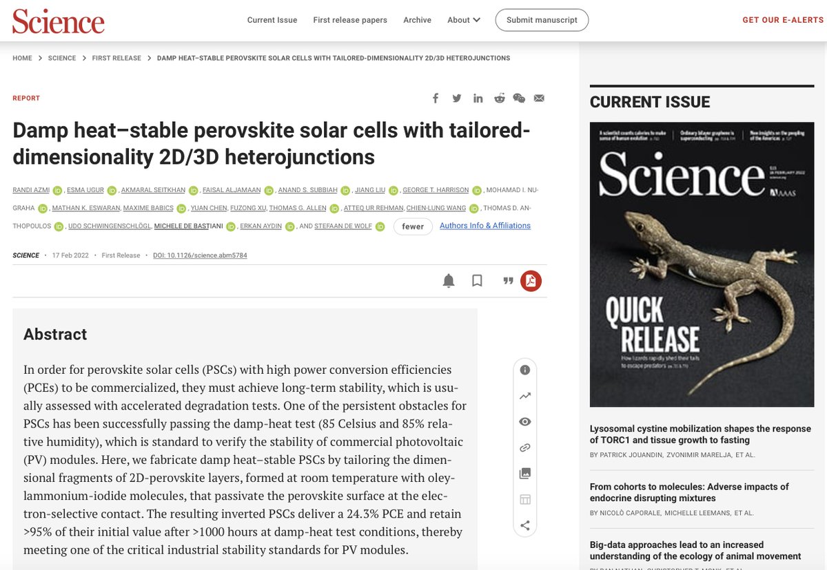 It is out! Our work reporting 24.3%-efficient and >1000h damp-heat (85C/85RH) stable perovskite solar cells with 2D/3D passivation just came out in @ScienceMagazine. Excellent teamwork at @KAUST_KPVLab with the great support of @KAUST_Solar. Read more ➡️science.org/doi/10.1126/sc…