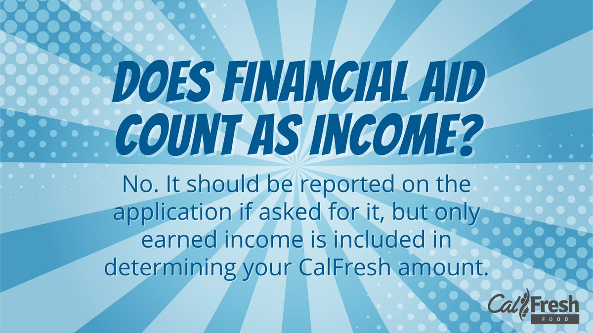 ccc_basicneeds's tweet image. Let&apos;s bust a myth for #calfreshweek

Does Financial Aid count as income? 
No! It should be reported if asked for, but does not count as earned income when determining eligibility. 

Apply today at getcalfresh.org/s/clovis-colle…