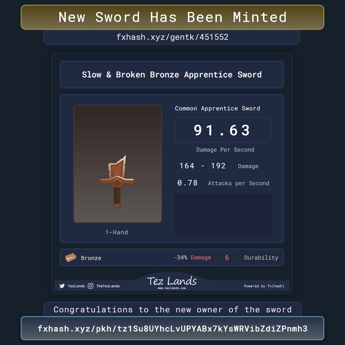 TezLands's tweet photo. New Sword has been minted!

🔗 https://t.co/NPYLECOA4q

Congratulations to:
🔹tz1Su8UYhcLvUPYABx7kYsWRVibZdiZPnmh3

This Bronze sword had great potential, but sadly it is totally broken ~ 92 DPS

#tezos #fxhash #cardgame #generative #game #gamedev #indiedev #Cryptogame #NFTGame https://t.co/oWBMRAvCNd