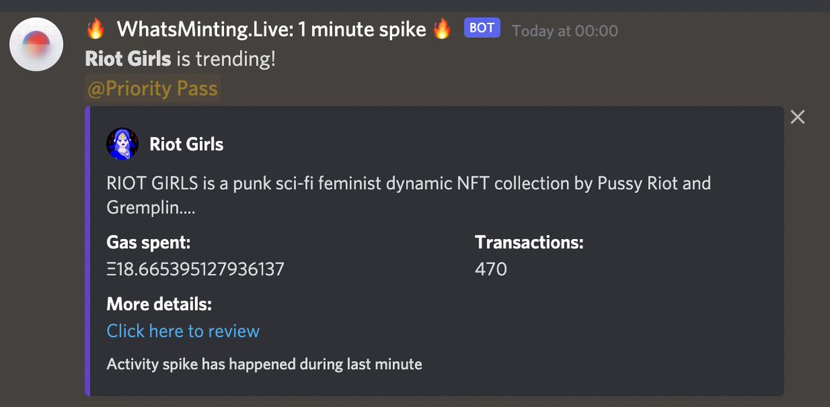 notechain_io's tweet image. Just a reminder: 
We have free notifications about spikes in on-chain activity for NFT projects that you can add to your discord. 

And you can ask your mods to connect us to your favourite server!