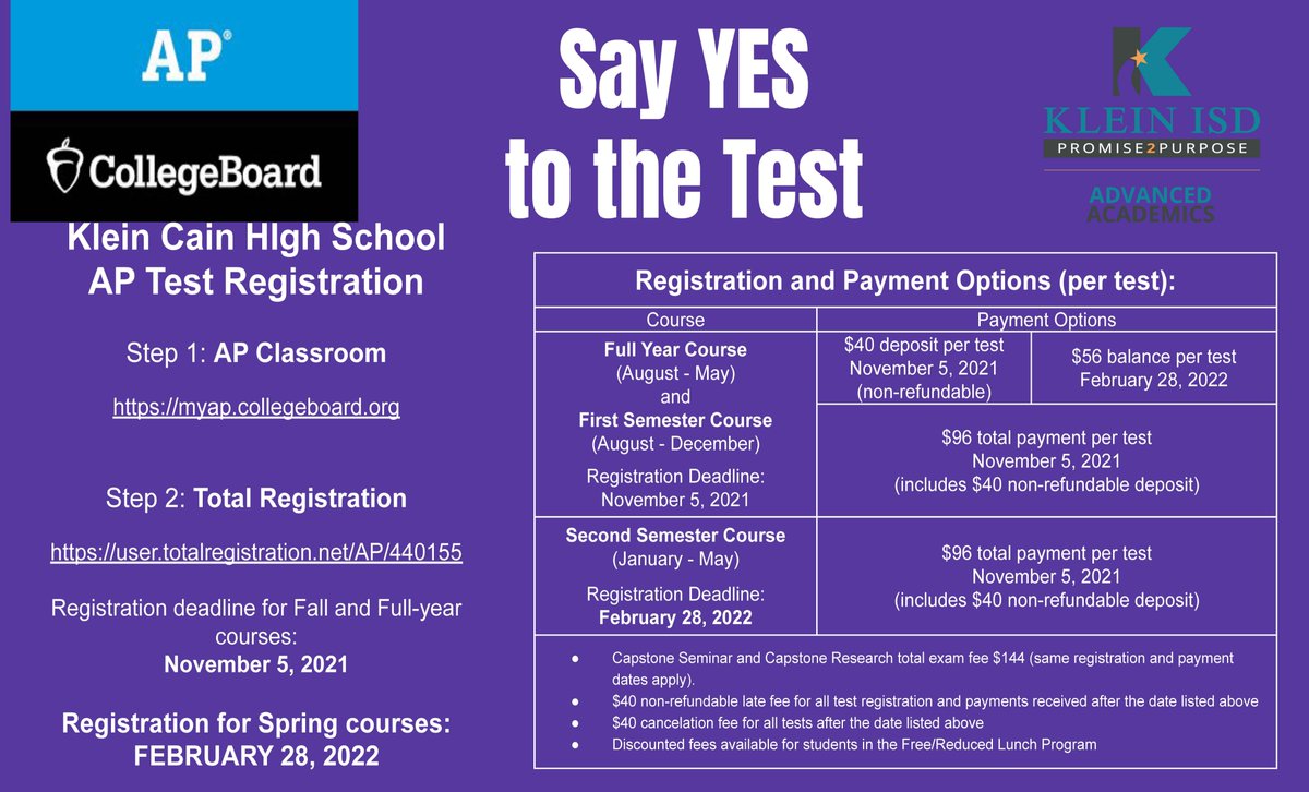 AP Students: The deadline is fast approaching. Be sure you have ordered your exam and paid by February 28th! 
<a href="/KleinCain/">Klein Cain HS</a> <a href="/Klein_Cain_PTO/">Klein Cain PTO</a>