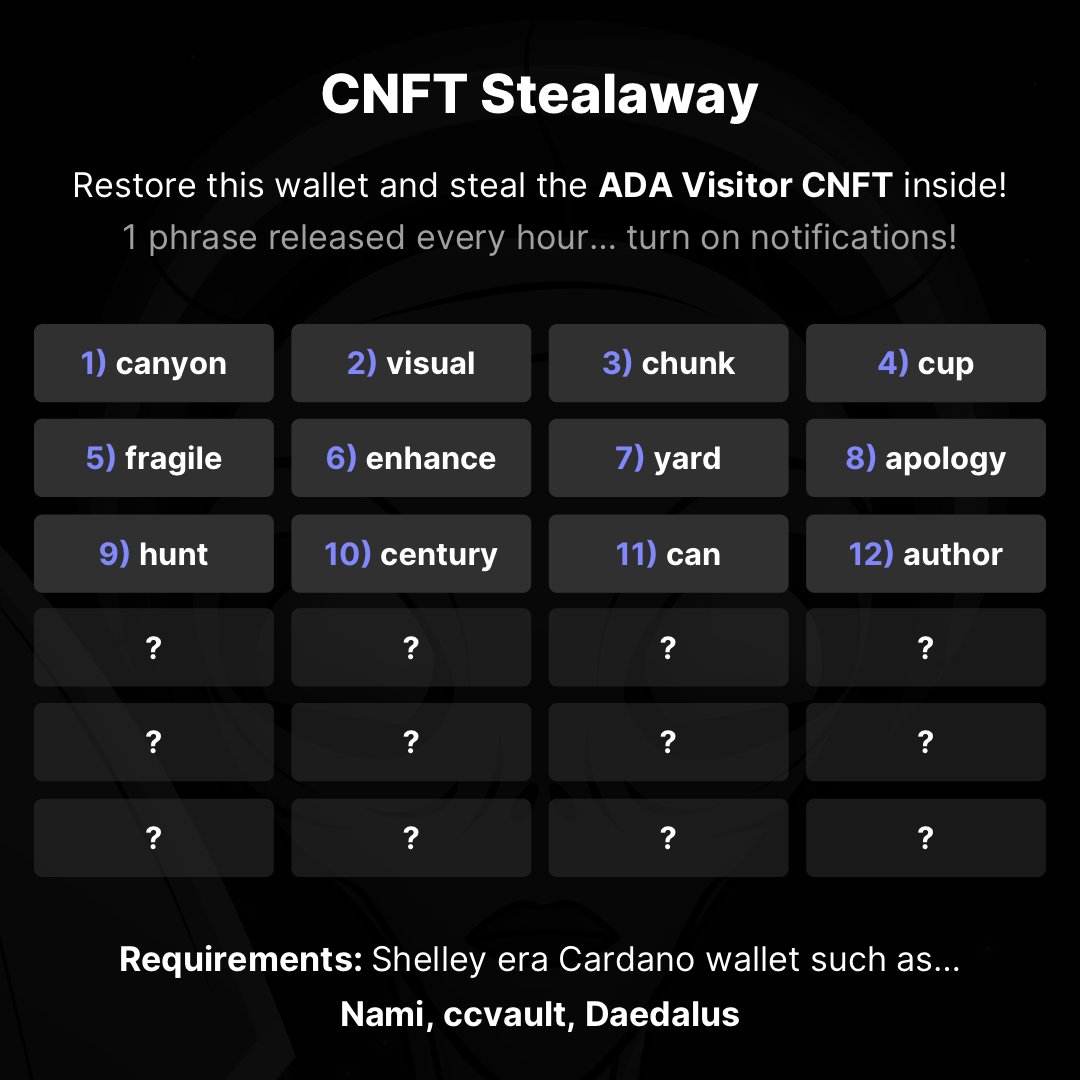 adavisitors's tweet photo. 🚨 #CNFTGiveaway

An ADA Visitor is hidden in this wallet...

12th phrase ➡️ author

1⃣ Follow @ADAVisitors
2⃣ RT &amp; Tag 3 friends
3⃣ See image 👇

Discord: https://t.co/yrxDQRcTGG

#CNFT #CNFTCommunity #NFTGiveaway #NFTGiveaways #NFT #NFTCommunity https://t.co/EjUUuN0S1z