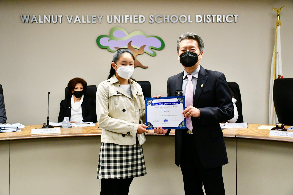 WVUSD_Tweet's tweet image. School Spotlight! During the Feb. 16 Board Meeting, Trustees recognized @westhoffschool fifth grader Lily Xue - Super Star Student Award and parent Sandra Chen - Partner in Education Award. Congratulations! #WVUSDProud #TogetherAgain #ReconnectRestoreReimagine