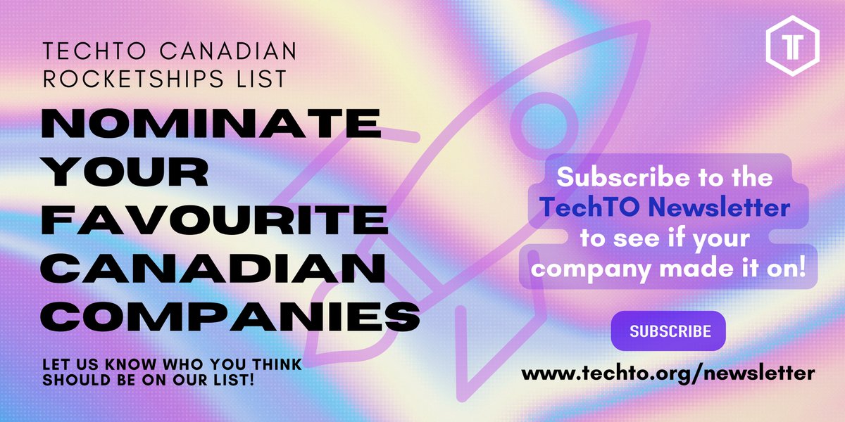TechTO (@techto) on Twitter photo 🚀 Last day to nominate your faves for our Canadian Rocketships List!! 🚀
Subscribe to the TechTO newsletter to see if yours made it! 
SUBSCRIBE >>  bit.ly/3guFhSG
NOMINATE YOUR COMPANIES HERE >> bit.ly/35WAPtW
#CanadianRocketships #TopCompanies #Nominate 🚀 Last day to nominate your faves for our Canadian Rocketships List!! 🚀
Subscribe to the TechTO newsletter to see if yours made it! 
SUBSCRIBE >>  bit.ly/3guFhSG
NOMINATE YOUR COMPANIES HERE >> bit.ly/35WAPtW
#CanadianRocketships #TopCompanies #Nominate