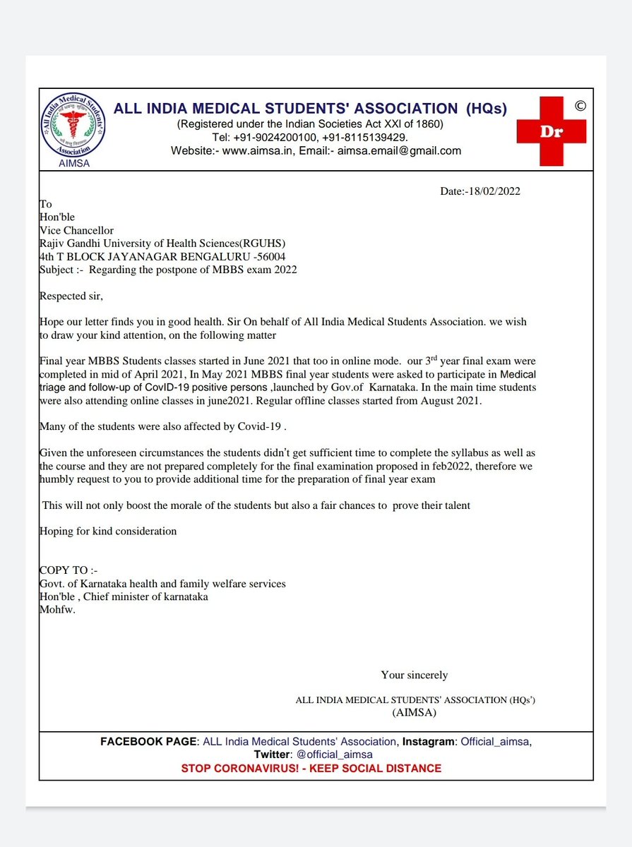 OPeeyushsingh's tweet photo. Supportive letter from @official_aimsa
#postponefinalmbbs #exam
#Karnataka #RGUHS
Request to @CMofKarnataka @nimmasuresh please look into the matter
@MoHFW_INDIA
@ANI
@news24tvchannel
@ABPNews
@DrJitendraAIMSA @MedicoMedico5
@Tarun315315
#StudentsLivesMatter https://t.co/pY86e2Hj1l