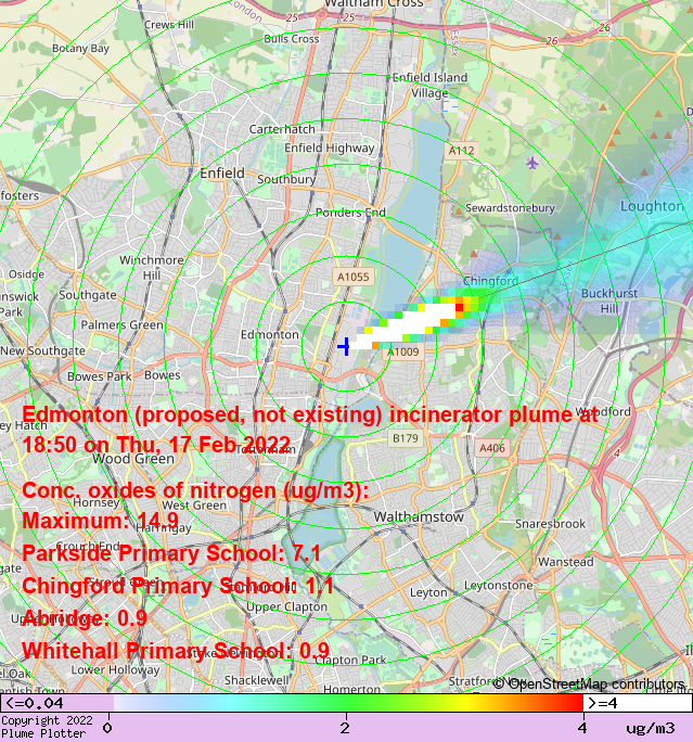 plumeplotter's tweet photo. Latest Edmonton (proposed, not existing) incinerator plume plot, 18:50 17/02/22 #Abridge #Chingford #Lambourne https://t.co/ue2w4O0AUu https://t.co/Yjr0VoomD3