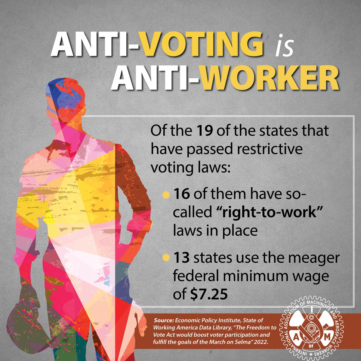 IAM_Union's tweet photo. Our voting rights – and our democracy – are on the line. Unfortunately, 19 States have passed restrictive voting rights. Anti Voting is Anti-Worker. #VotingHoliday https://t.co/HZJfw9v9gg