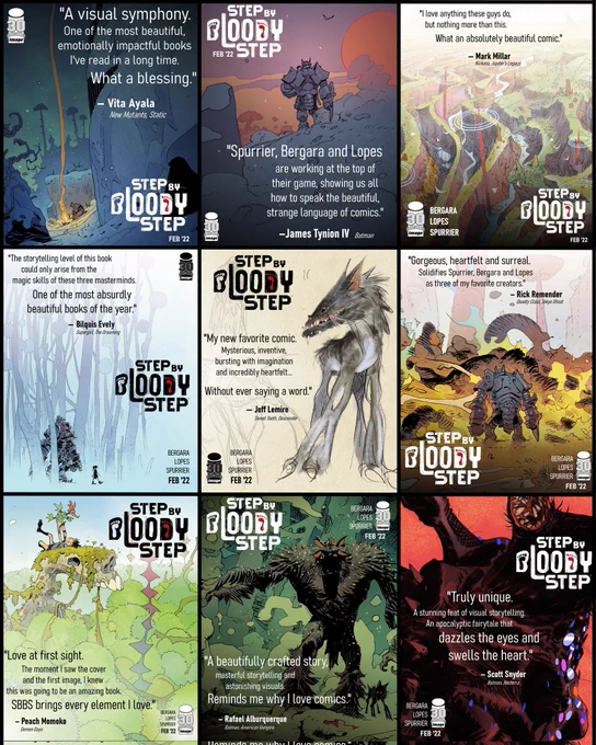 Countdown to release day! Feb 23 in stores.
 Our beloved crazy silent epic fantasy STEP BY BLOODY STEP.
See what some of these actual geniuses from many different fields in storytelling had to say - and get a copy next wednesday! 