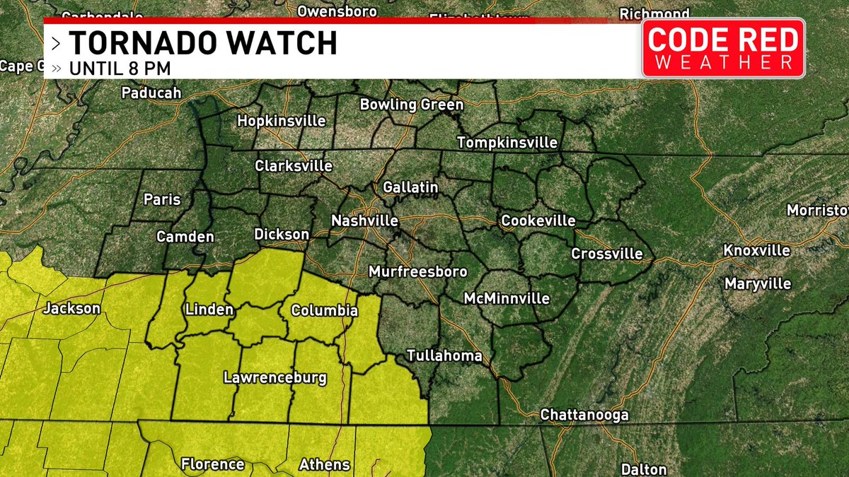 FOXNashville's tweet photo. TORNADO WATCH:  Issued for multiple counties in Tennessee until 8pm.  Counties included in the watch are: Chester, Hardin, Lawrence, Marshall, Perry, Decatur, Henderson, Lewis, Maury, Wayne, Giles, Hickman, Lincoln, and McNairy. MORE: https://t.co/MvzqewFwn2 https://t.co/ojjniXQXUr
