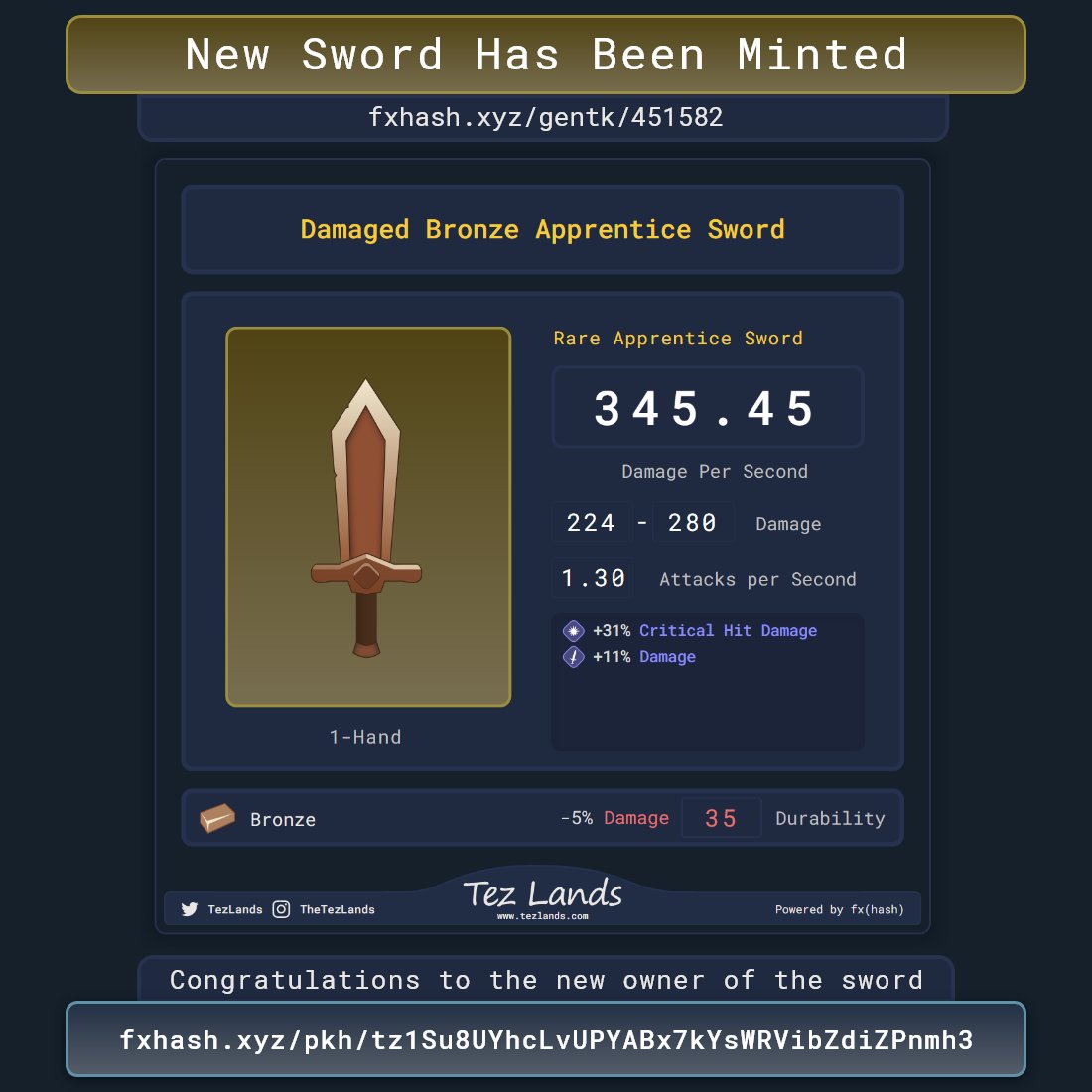 TezLands's tweet photo. New Sword has been minted!

🔗 https://t.co/X4dhszwFdv

Congratulations to:
🔹tz1Su8UYhcLvUPYABx7kYsWRVibZdiZPnmh3

Slightly damaged Bronze Sword with extra base &amp; crit damage - 345 DPS. Great! 

#tezos #fxhash #cardgame #generative #game #gamedev #indiedev #Cryptogame #NFTGame https://t.co/Vet9sfr6WS