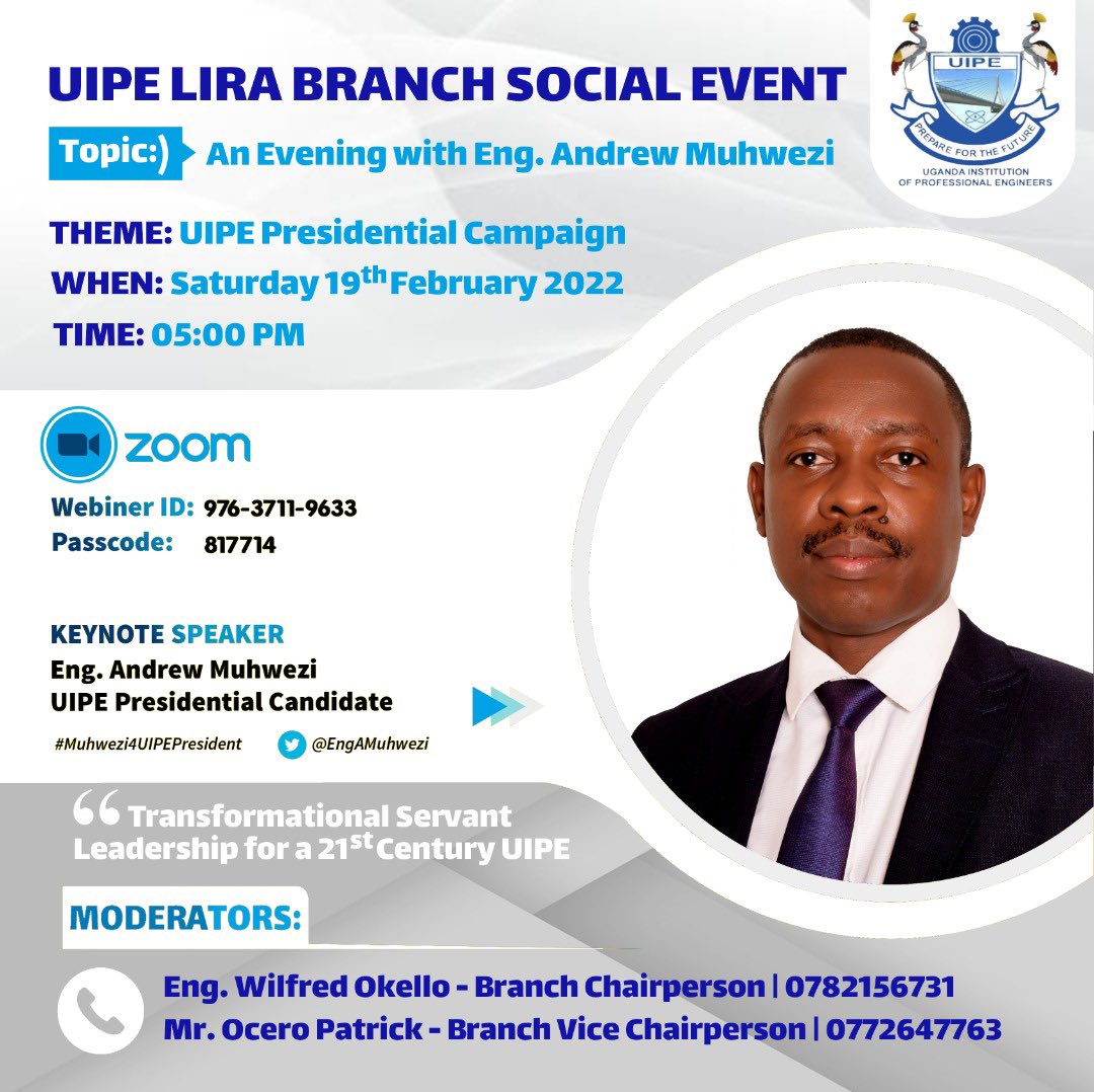 As I wind up UIPE branch to Branch campaigns, I will be in Lira Branch on Saturday 19th/02/2022 at 5pm, to deliver the message of “Transformational Servant Leadership for a 21st Century UIPE” <a href="/UIPE_Uganda/">UIPE</a>; <a href="/ERBUganda/">Engineers Registration Board - Uganda</a>; @Munyakanungu; <a href="/jamesmaiteki/">Eng James M. Maiteki</a>; <a href="/NWSCKampalaGM/">Mahmood Lutaaya</a>; <a href="/KennethMuniina/">Eng Dr Kenneth Muniina</a>;
