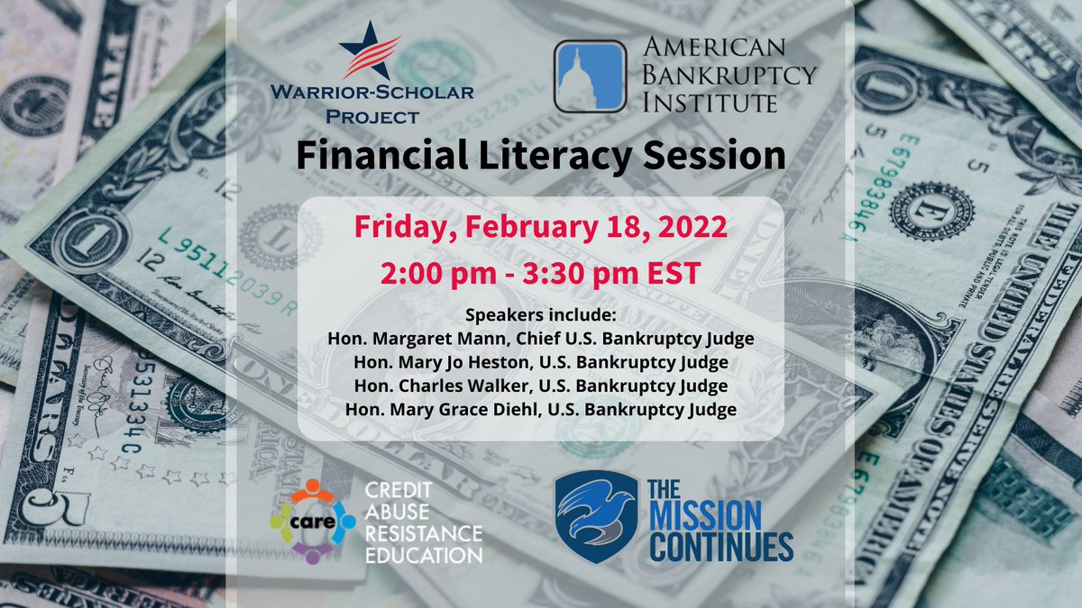 Don't forget to sign up for our financial literacy session tomorrow on February 18, 2022, with our partners @abiworld @care4yourfuture and @missioncontinue 

Register here for free: bit.ly/3I20hMw

#wsp #warriorscholarproject #wspimpact #bankruptcy #session