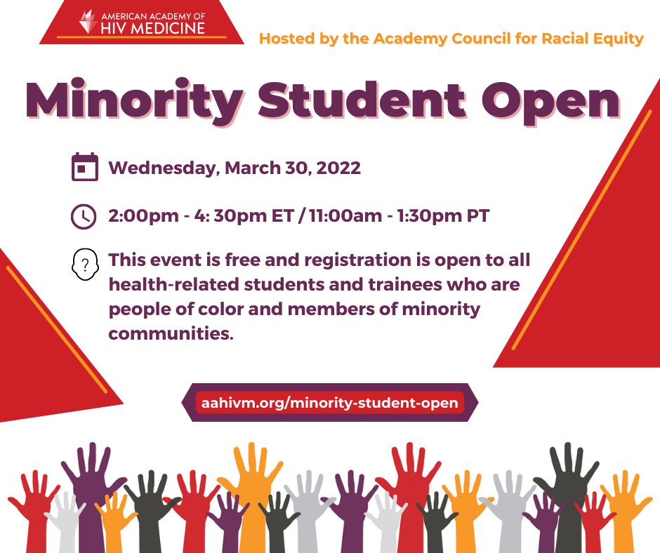 aahivmcomm's tweet photo. Registration is now open! View the full agenda at https://t.co/ACDBW1AZzW. #MinorityStudentOpen #MinorityHealth #HIVWorkforce https://t.co/jZM6jya8eV