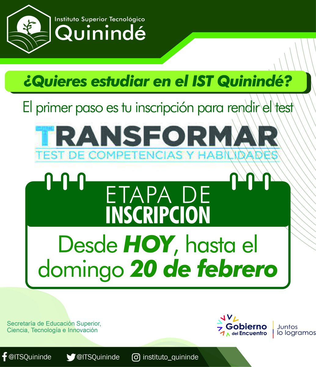 ITSQuininde's tweet photo. 🚨🔊  ¡Atención! 👂 📢
El @ITSQuininde  TE RECUERDA❗️ que hoy empezó la inscripción para la prueba TRANSFORMAR 👩‍💻🧑‍💻
La cual te habilita para ingresar al sistema de Educación Superior

➡️ Ingresa en: https://t.co/sWXGXPOQqR

#Admision2022 
 
@EduSuperiorEc 
@FranciscoVaca8 https://t.co/4qvseUZ1Re