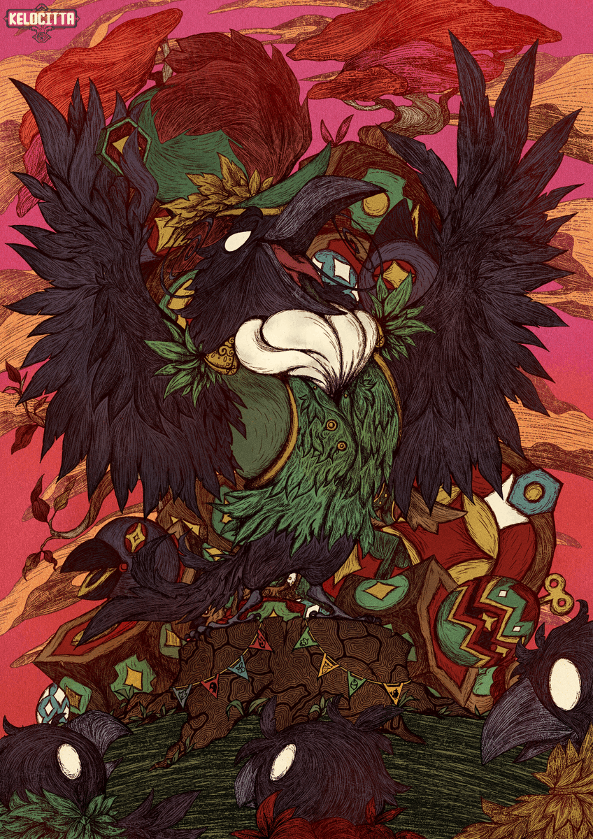 Kelocitta's tweet photo. [ #DontStarve ] 
[ ##DSTZ ]

Big ol' bird I drew for the ConstantlyObsessed DST Zine back in October! Theme was events and mine was the Cawnival. First time doing lineart with something of this size but it was fun https://t.co/SWH5mDsYbC