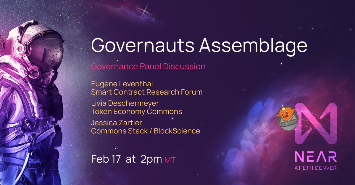 Learn about the Governauts Research Initiative's forays into DAO reward systems and multi-chain governance with <a href="/SCRForum/">SCRF</a>'s <a href="/bbeats1/">Eugene Leventhal</a>, and <a href="/keikreutler/">Kei</a> from <a href="/GnosisGuild/">gnosis guild 𒆙</a> and <a href="/JessicaZartler/">Jessica Zartler 🌱</a> from <a href="/commonsstack/">Commons Stack</a> and <a href="/tecmns/">Token Engineering Commons</a>.

Organized in cooperation with the <a href="/tokengineering/">Token Engineering Academy</a> Academy.