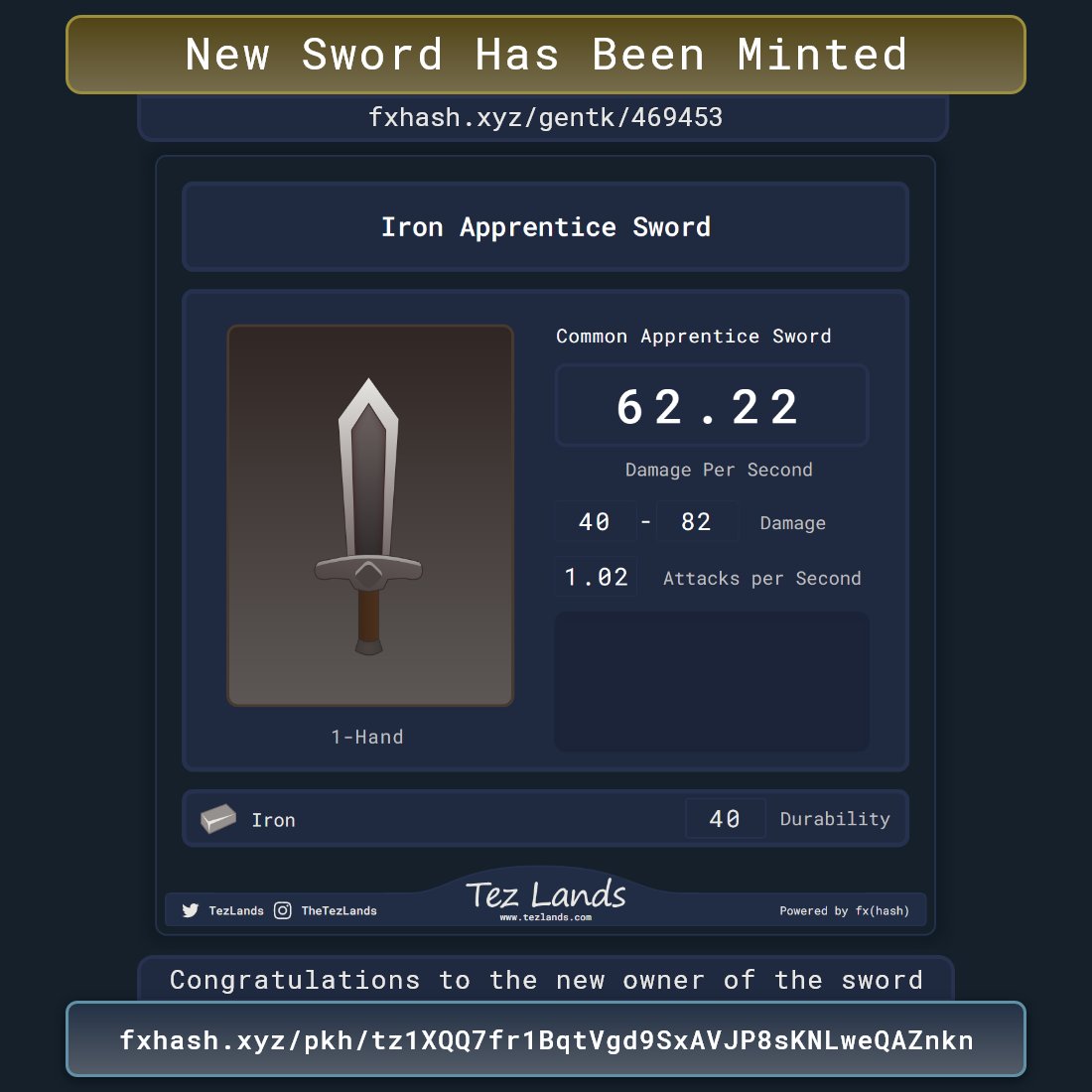 TezLands's tweet photo. New Sword has been minted!

🔗 https://t.co/t43L4RLOnC

Congratulations to:
🔹tz1XQQ7fr1BqtVgd9SxAVJP8sKNLweQAZnkn

We have a new winner in the lowest DPS ~ 62 DPS
It could have been worse though.

#tezos #fxhash #cardgame #generative #game #gamedev #indiedev #Cryptogame #NFTGame https://t.co/Q7EA0yLMc3