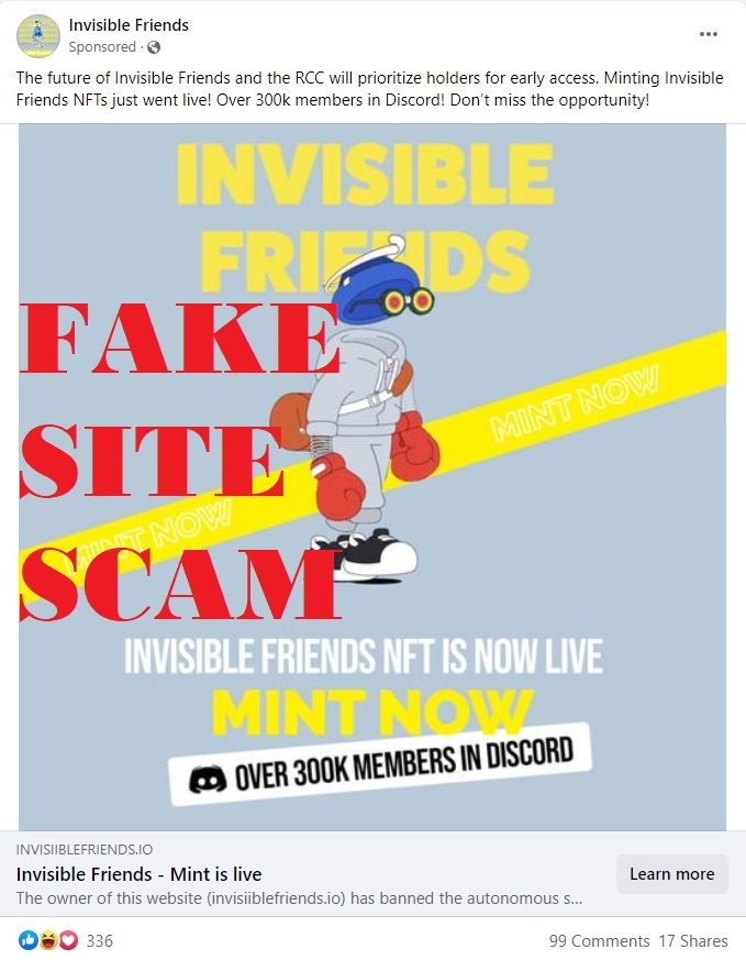 TheHSOC's tweet photo. Saw this ad on Facebook. Please always be skeptical and check the projects twitter. In this case the domain had an extra "i" easy to miss that. Hopefully no one falls for it. @InvsbleFriends https://t.co/HzVv3emKoI