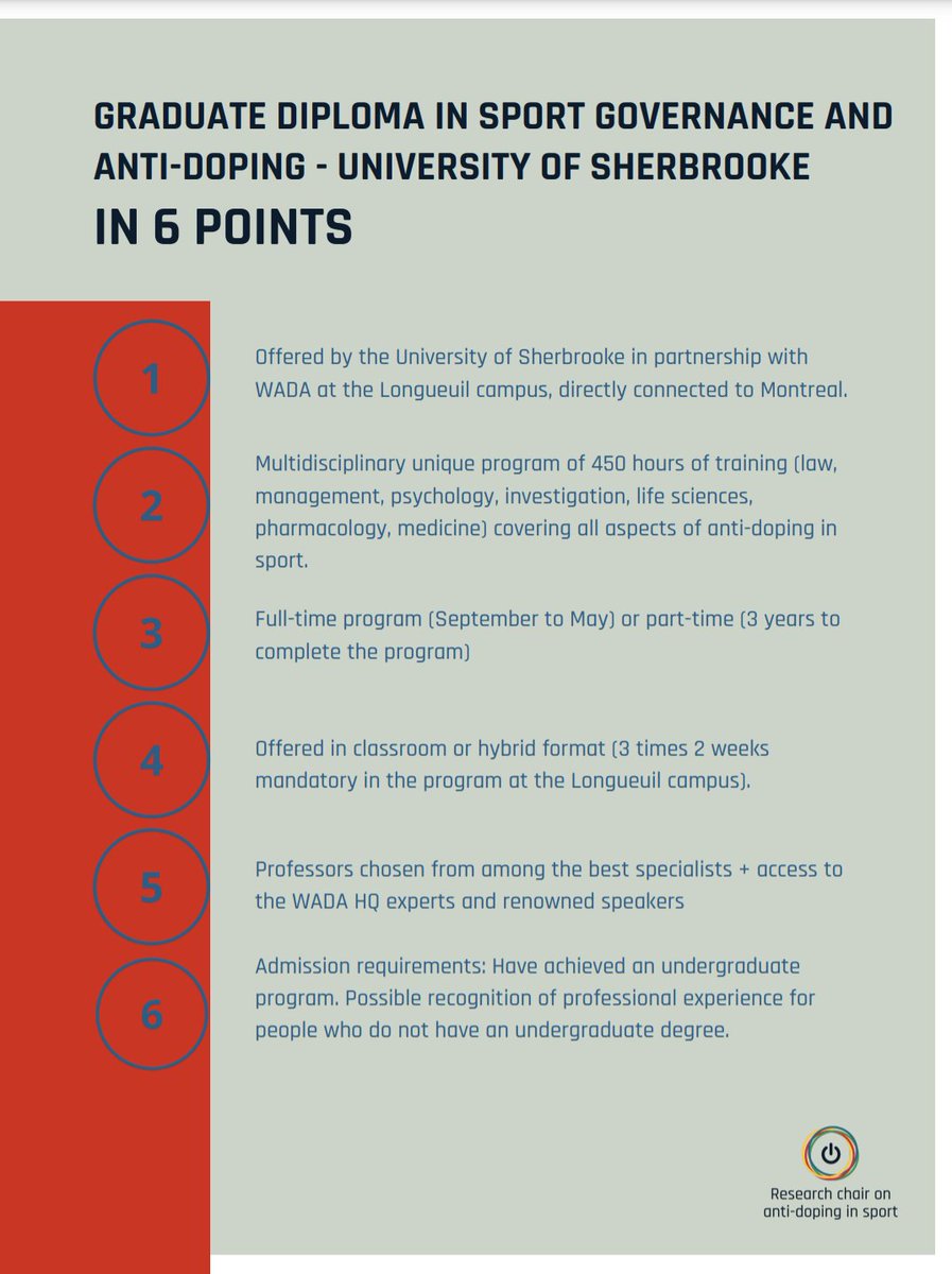 There is only one month left to register for the unique DESS in Sport Governance and Anti-Doping at the University of Sherbrooke!! Did you know that scholarships are available for this program and that their value varies from $3,000 to $20,000?