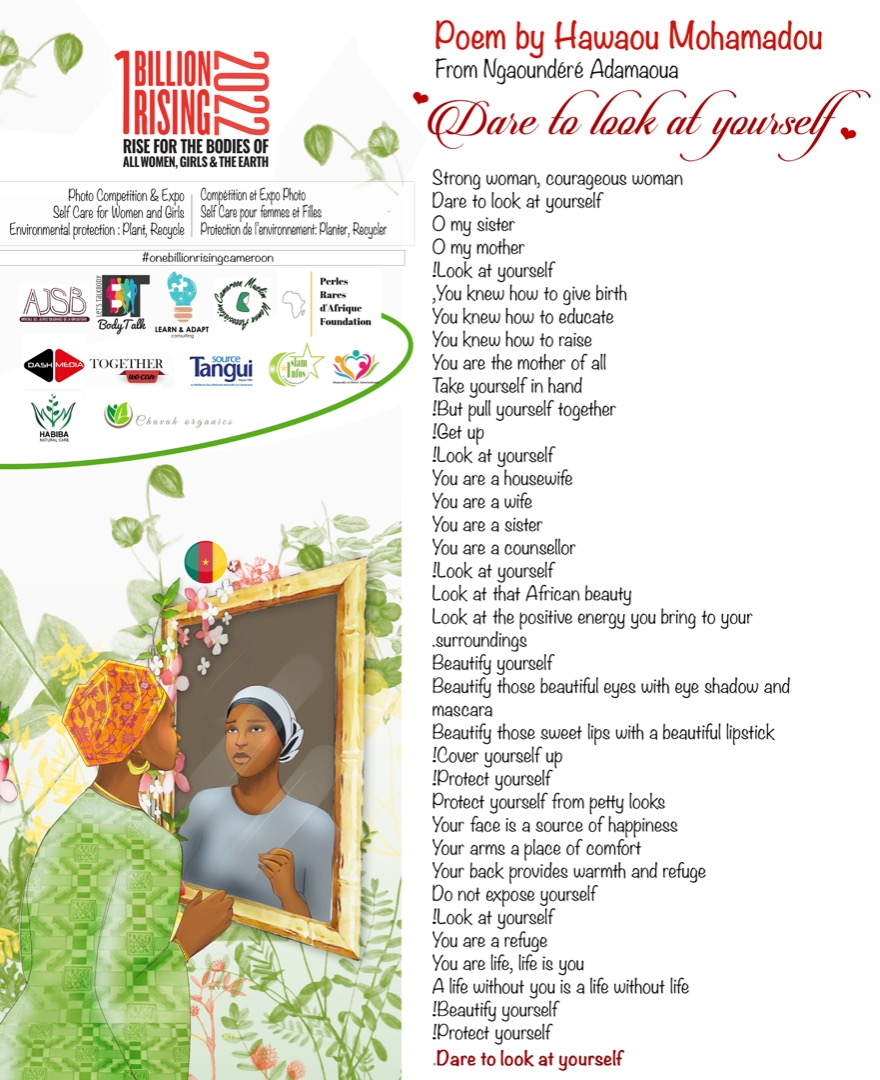 One billion Rising CMR (@cmr_one) on Twitter photo We leave you tonight with this beautiful piece of poem from one of ours #Hawaou_Mohamadou.
Read through this & I bet you, You'll Forever Be Happy To Look At Yourself Again, no matter the circumstance or situation you find yourself in. DARE TO LOOK AT YOURSELF WOMAN !
<a href="/VDay/">V-Day</a> <a href="/OBRmv/">One Billion Rising</a> We leave you tonight with this beautiful piece of poem from one of ours #Hawaou_Mohamadou.
Read through this & I bet you, You'll Forever Be Happy To Look At Yourself Again, no matter the circumstance or situation you find yourself in. DARE TO LOOK AT YOURSELF WOMAN !
<a href="/VDay/">V-Day</a> <a href="/OBRmv/">One Billion Rising</a>