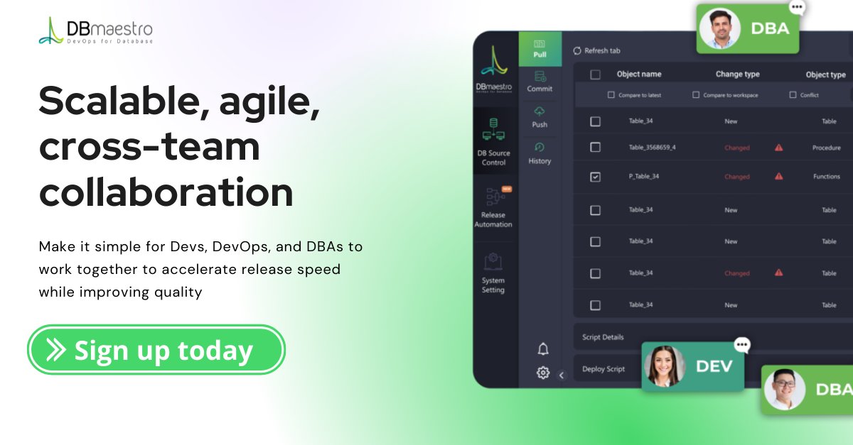 DBmaestro offers a new way to automate DB code change and collaborate them in a unified, safe, and fully governed solution. Cutting DB release time by over 90%, freeing team load to focus on what’s relevant. 
Sign up today for a free source control trial: www3.dbmaestro.com/sc