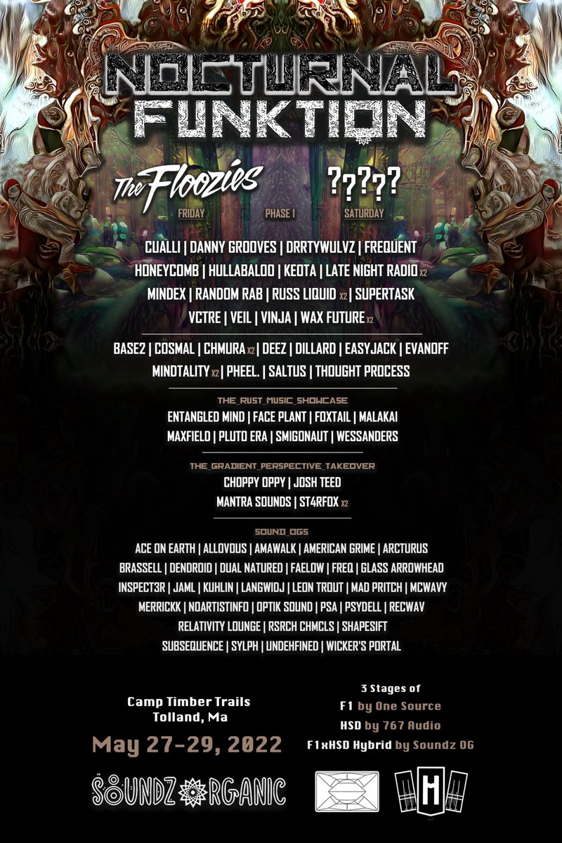 Excited to perform at Nocturnal Funktion in late May as part of this very stacked Phase 1 lineup!
Hosted by <a href="/soundzorganic/">Soundz OG</a>, the event will be held at beautiful Camp Timber Trails in western Massachusetts and will feature 3 stages with hi-fidelity sound. 
Ticket link in my bio. &lt;3