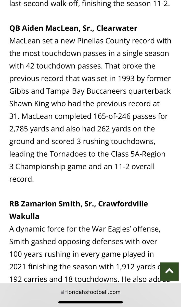 Aidan MacLean (@aidanmaclean15) on Twitter photo Honored to be named 1st team all state quarterback for class 5A!! Also to be a 5A player of the year nominee!! ๐ฏ <a href="/CHS_Tornadoes/">Clearwater Tornadoes Football</a> <a href="/Coach_AJSatt/">AJ Sattinger</a> Honored to be named 1st team all state quarterback for class 5A!! Also to be a 5A player of the year nominee!! ๐ฏ <a href="/CHS_Tornadoes/">Clearwater Tornadoes Football</a> <a href="/Coach_AJSatt/">AJ Sattinger</a>