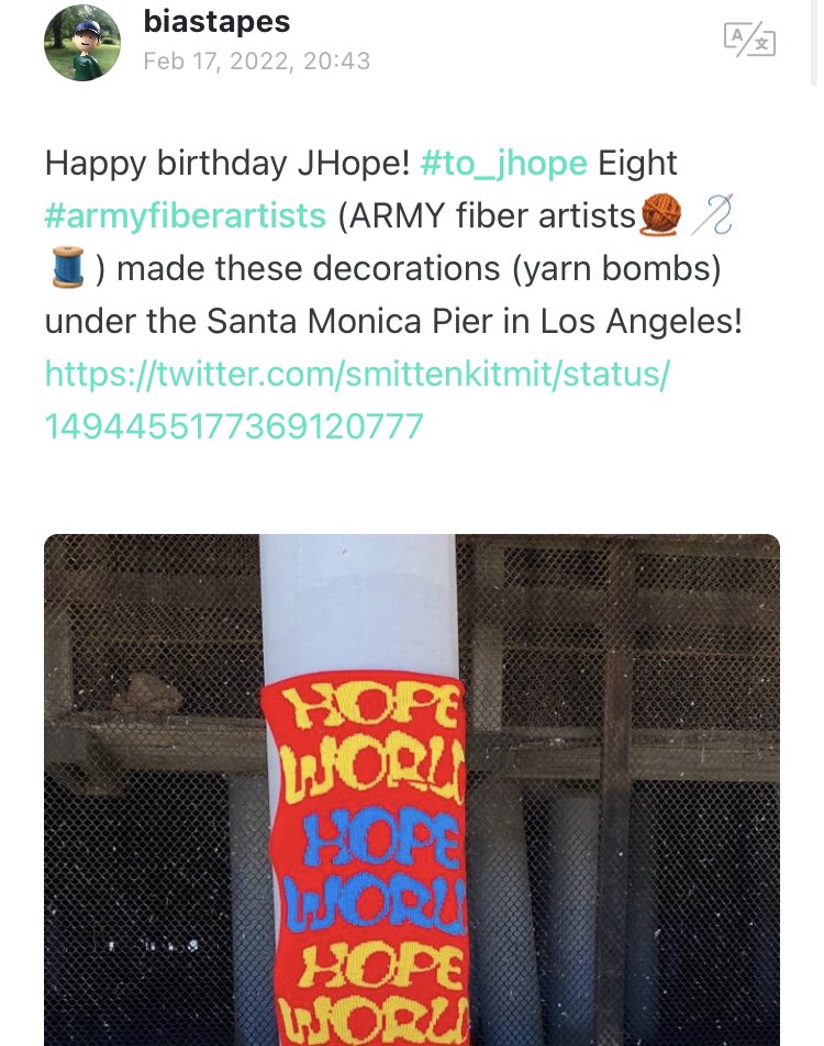 biastapes's tweet photo. A couple of us have posted the Hobi yarn bombing on Weverse under #armyfiberartists . Go and cheer for those posts at Weverse so maybe he can see the pictures! https://t.co/Lo61HJMdU1