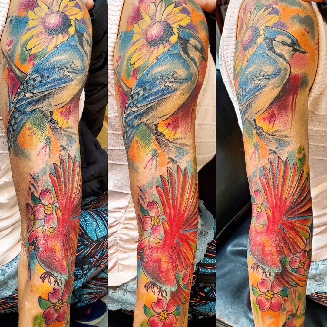 Watercolor sleeve in the works. #watercolor #watercolortattoo #birds  #flowers #tattoo, image size:1080x1080