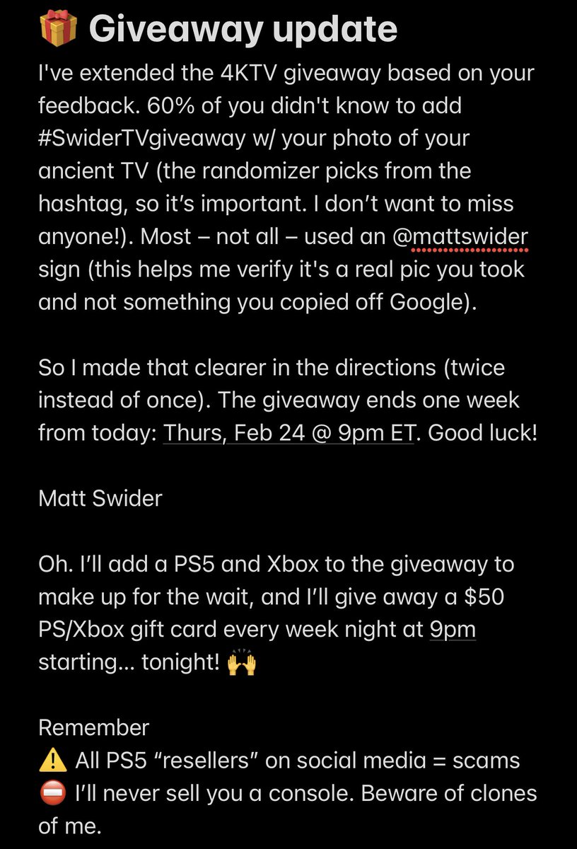 mattswider's tweet photo. 🎁65" 4KTV Giveaway Update: You have 1 extra week. Add #SwiderTVgiveaway to your TV pic.

➡️Enter: https://t.co/SY6KCWlg0e
♻️RT+follow @mattswider 
🔔Turn on notifications

Giveaways funded by people who use my S22 Ultra from my link (send to friends)🙏
➡️https://t.co/gWbD22S4Ia https://t.co/ui4Ff6bOms