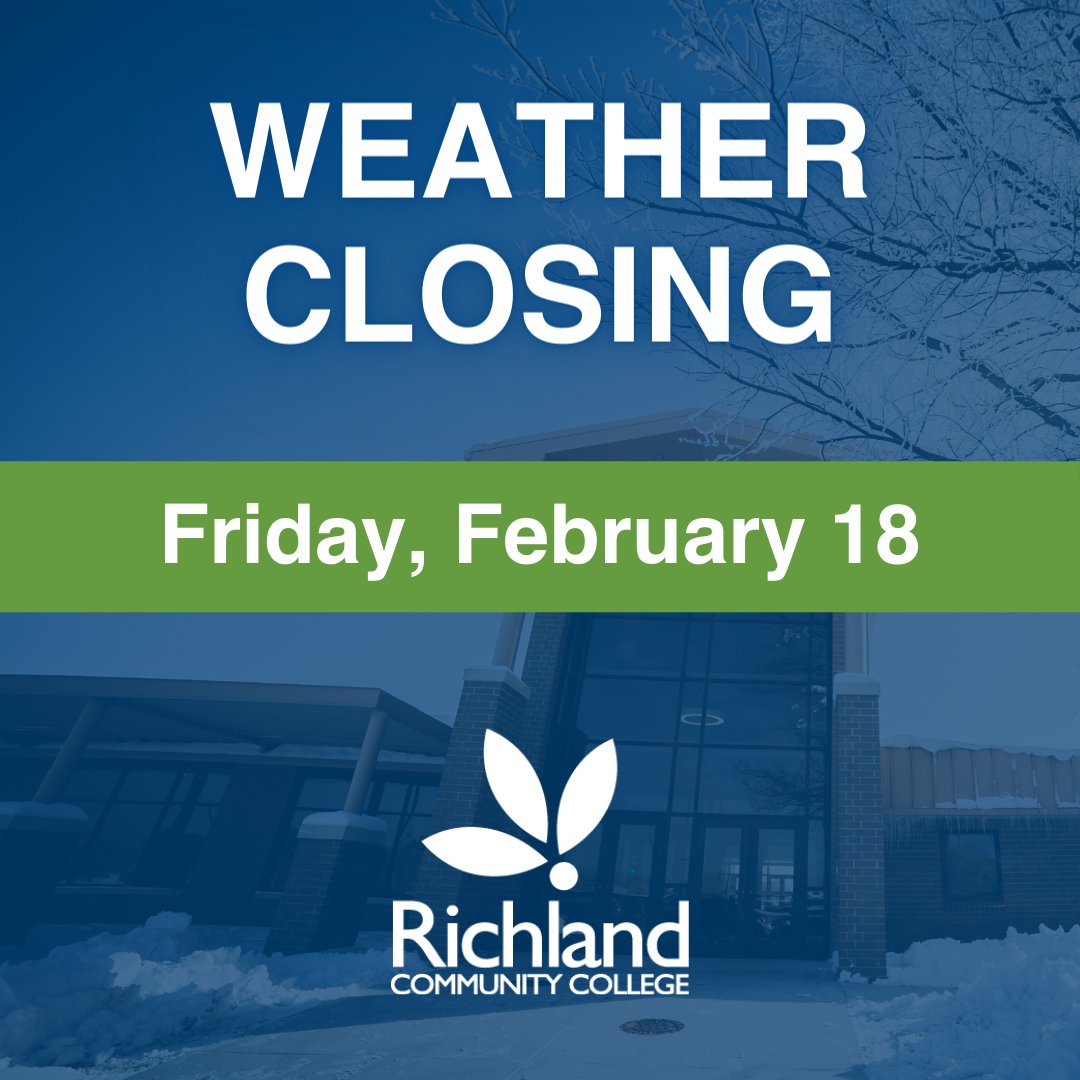 Due to continued hazardous conditions stemming from today's winter storm, Richland's main Decatur, Clinton, and DPL campuses will be closed on Friday, Feb 18.  All classes are canceled. The Law Enforcement Training Center will operate as scheduled.