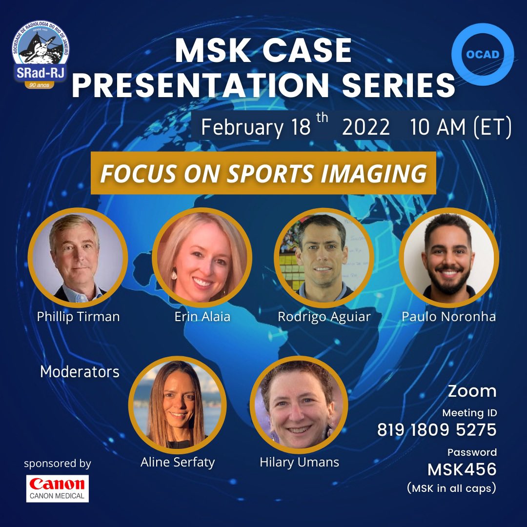 Join the MSK Case Presentation Series tomorrow, a partnership between OCAD @ocad_msk and the Radiology Society of Rio de Janeiro. #radres #mskrad #orthotwitter #msk Zoom link 👇👇 us02web.zoom.us/j/81918095275?… Meeting ID: 819 1809 5275 Password: MSK456 (MSK in all caps)