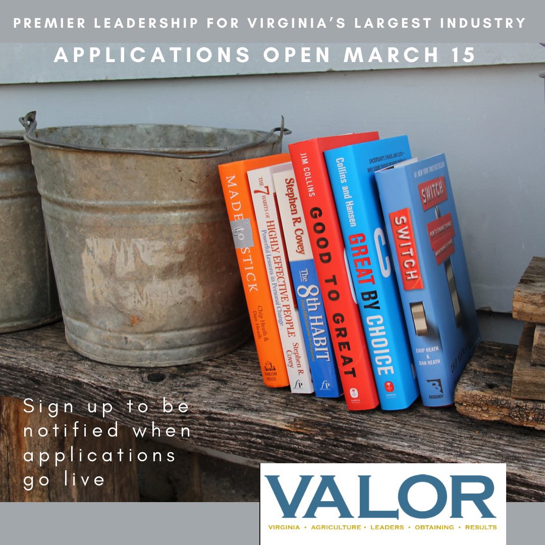 VALOR team (@valeadersor) on Twitter photo Spread the word! VALOR applications open soon. Click here to submit your name or anotherâŚvce.az1.qualtrics.com/jfe/form/SV_ebâŚ
<a href="/VACoopExt/">Virginia Cooperative Extension</a> <a href="/vt_alce/">Virginia Tech ALCE</a> <a href="/VTCals/">Virginia Tech CALS</a> <a href="/VAFBYoungFarmer/">VAFB Young Farmers</a> <a href="/VaFarmBureau/">Virginia Farm Bureau</a> <a href="/VACounties/">VACo</a> <a href="/VACoopCouncil/">VirginiaCoopCouncil</a> <a href="/VaAgriBiz/">Agribusiness Council</a> <a href="/VaAgriculture/">VDACS</a> <a href="/FarmCreditVAs/">Farm Credit of the Virginias</a> Spread the word! VALOR applications open soon. Click here to submit your name or anotherâŚvce.az1.qualtrics.com/jfe/form/SV_ebâŚ
<a href="/VACoopExt/">Virginia Cooperative Extension</a> <a href="/vt_alce/">Virginia Tech ALCE</a> <a href="/VTCals/">Virginia Tech CALS</a> <a href="/VAFBYoungFarmer/">VAFB Young Farmers</a> <a href="/VaFarmBureau/">Virginia Farm Bureau</a> <a href="/VACounties/">VACo</a> <a href="/VACoopCouncil/">VirginiaCoopCouncil</a> <a href="/VaAgriBiz/">Agribusiness Council</a> <a href="/VaAgriculture/">VDACS</a> <a href="/FarmCreditVAs/">Farm Credit of the Virginias</a>