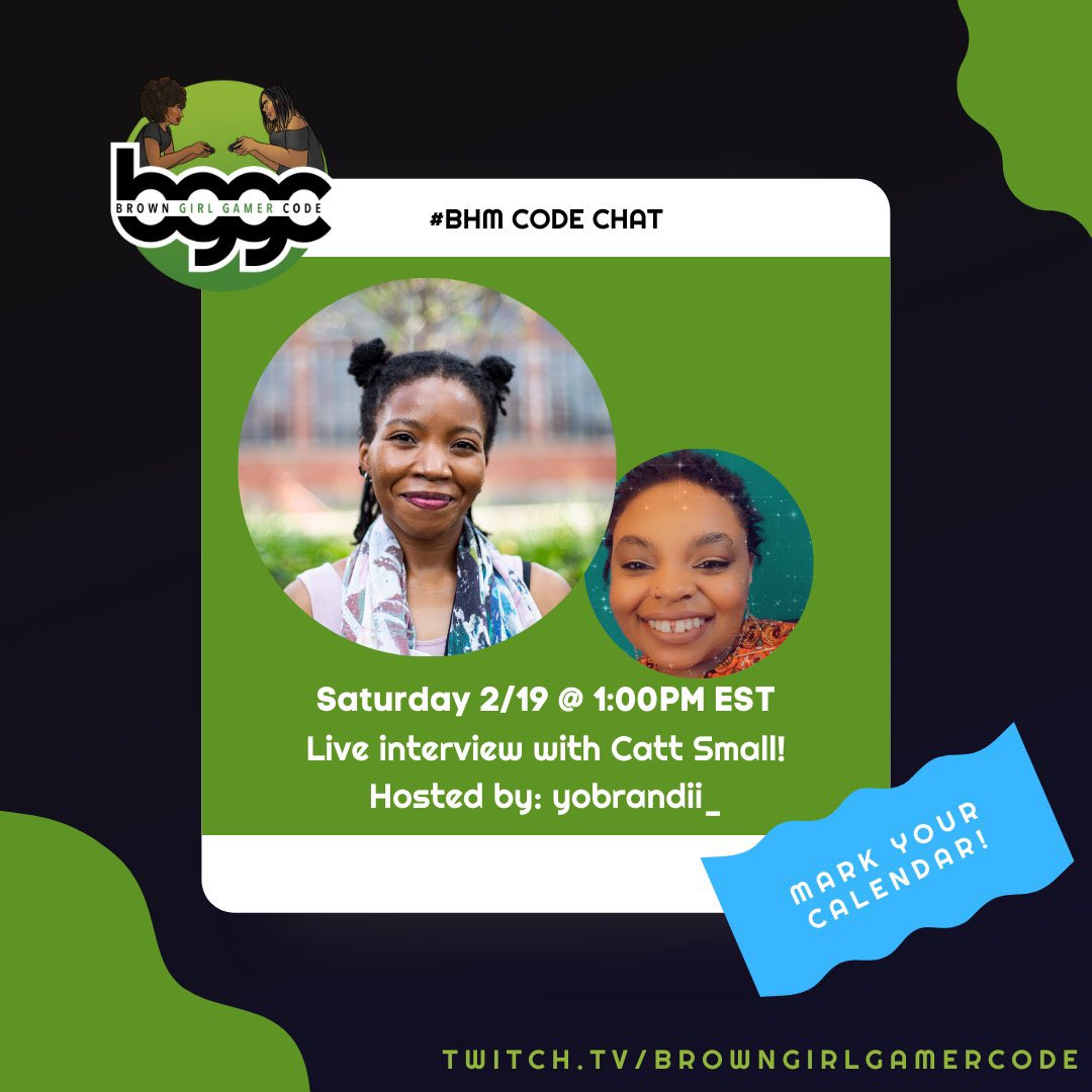 bggc_'s tweet photo. #CodeCrew! Our next #CodeChat is this Saturday at 1:00PM EST w/ the amazing @cattsmall!
๐Catt is a product designer, Game Dev, & Co-organizer for GDOC Expo! We're thrilled to get to know her more & uplift her story with our platform!
Hosted by @yobrandii_!
#BGGC https://t.co/LS8AvFuXYz