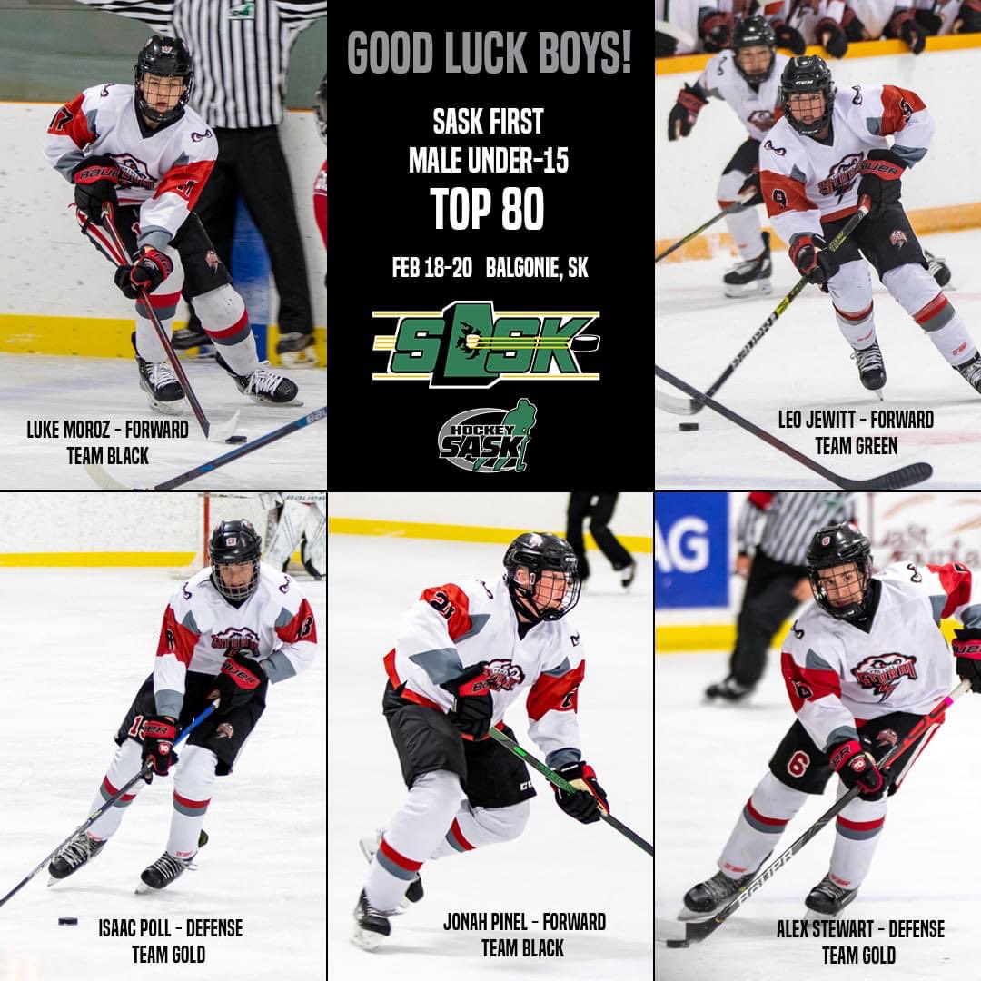 Good luck to our players Leo Jewitt, Luke Moroz, Jonah Pinel, Isaac Poll, and Alex Stewart who are competing in the <a href="/hockeysask/">Hockey Saskatchewan</a> First Male Under-15 Top 80 tournament this weekend in Balgonie!