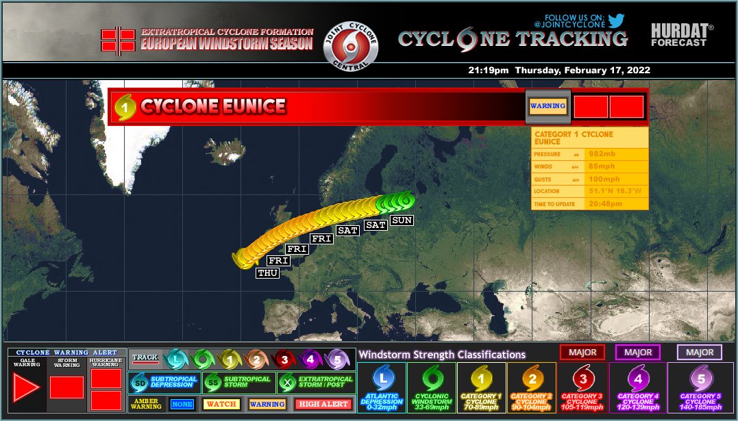JointCyclone's tweet photo. #CycloneEunice Advisory 7
Max Winds: 85mph
SSWS: C1
MSLP: 982mb
#Eunice continues to moving east-northeastwards over the Northeast Atlantic. Hurricane-force wind warnings issued for Ireland and the British Isles on Friday... #StormEunice https://t.co/kCkzH1TeVU
