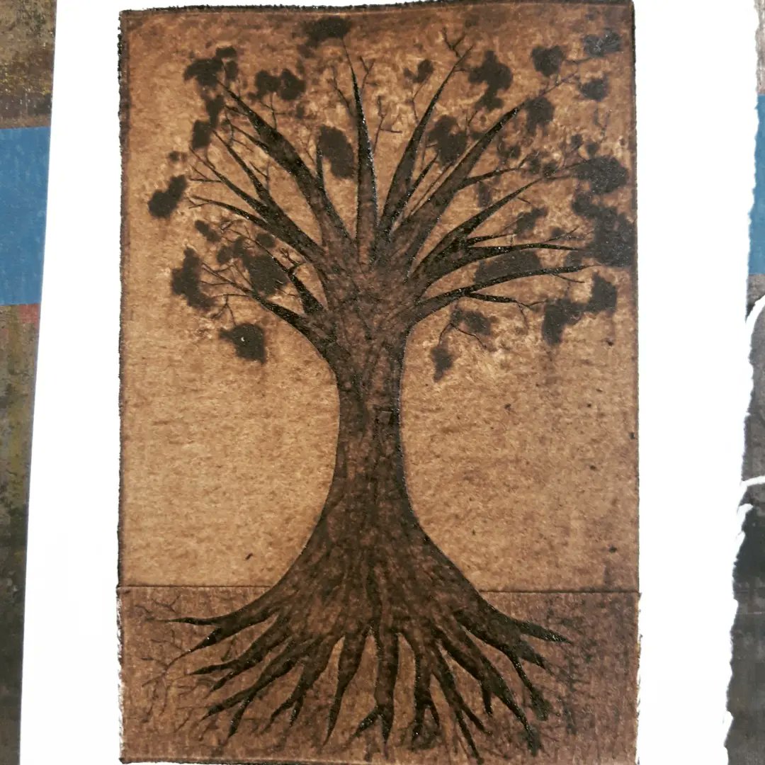 ShellyBerryUK's tweet photo. Last weeks' #printing - think my #trees need more leaves (which I created by covering blobs of glue with sand) and my simplified #baby face is too simple - but interesting when layered with the original from a few weeks ago. What do you think? 
#print #collograph #art #artist https://t.co/qGMENvpXSL
